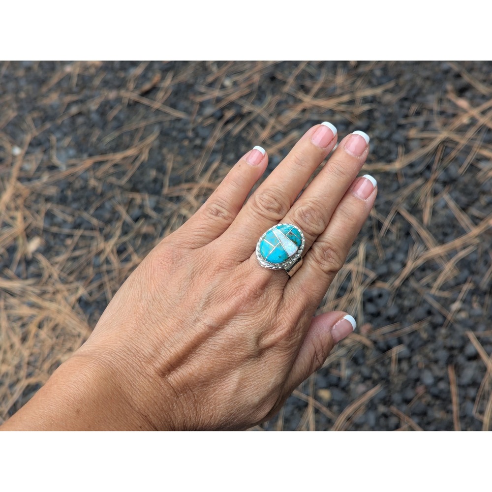 Handcrafted Navajo Turquoise Opal Inlay Oval Tri-Cut Ring Signed NA Sz 12 US** - Picture 4 of 10